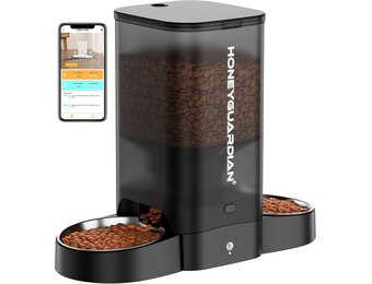 HoneyGuaridan Automatic Cat Feeder, 2 Bowls with Motion Sensor, 5G/2.4G WiFi Intelligent Cat Feeder for Remote Feeding, 5 L