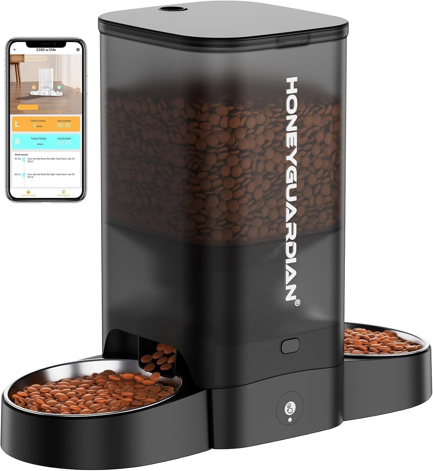 HoneyGuaridan Automatic Cat Feeder, 2 Bowls with Motion Sensor, 5G/2.4G WiFi Intelligent Cat Feeder for Remote Feeding, 5 L