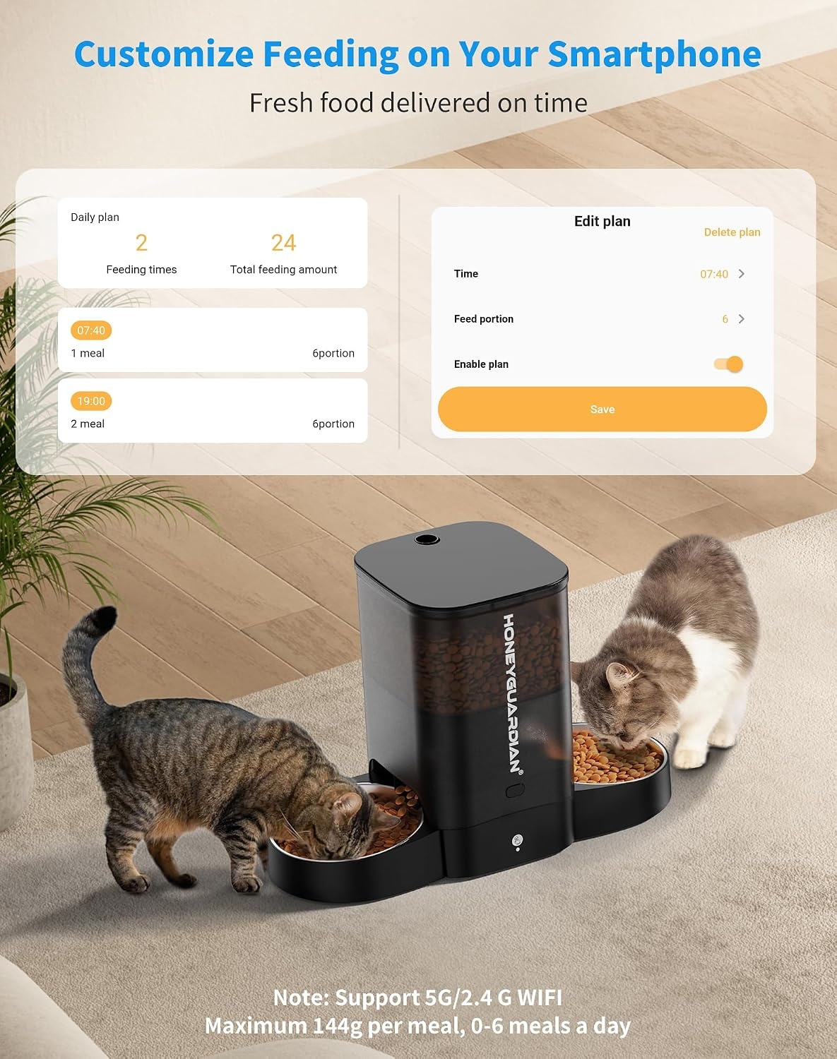 HoneyGuaridan Automatic Cat Feeder, 2 Bowls with Motion Sensor, 5G/2.4G WiFi Intelligent Cat Feeder for Remote Feeding, 5 L