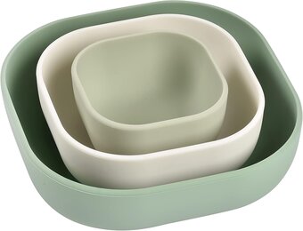 BEABA, Set van 3 stapelbare siliconen kommen, babymaaltijdset, siliconen serviesset voor kinderen, nestbaar, evolutief, ergonomisch, gezond siliconenmateriaal, duurzaam (Sage Green/Katoen/Misty Green)