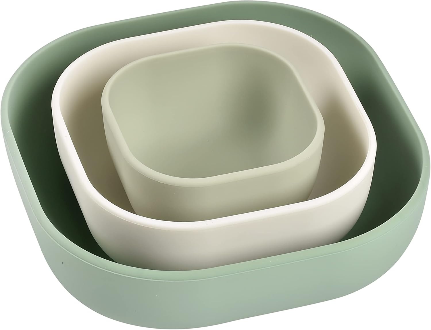 BEABA, Set van 3 stapelbare siliconen kommen, babymaaltijdset, siliconen serviesset voor kinderen, nestbaar, evolutief, ergonomisch, gezond siliconenmateriaal, duurzaam (Sage Green/Katoen/Misty Green)