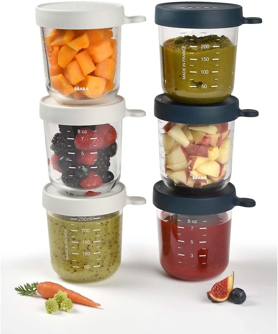 Béaba Glazen Bewaarbakjes 250 ml - Set van 6 - Blauw/Grijs