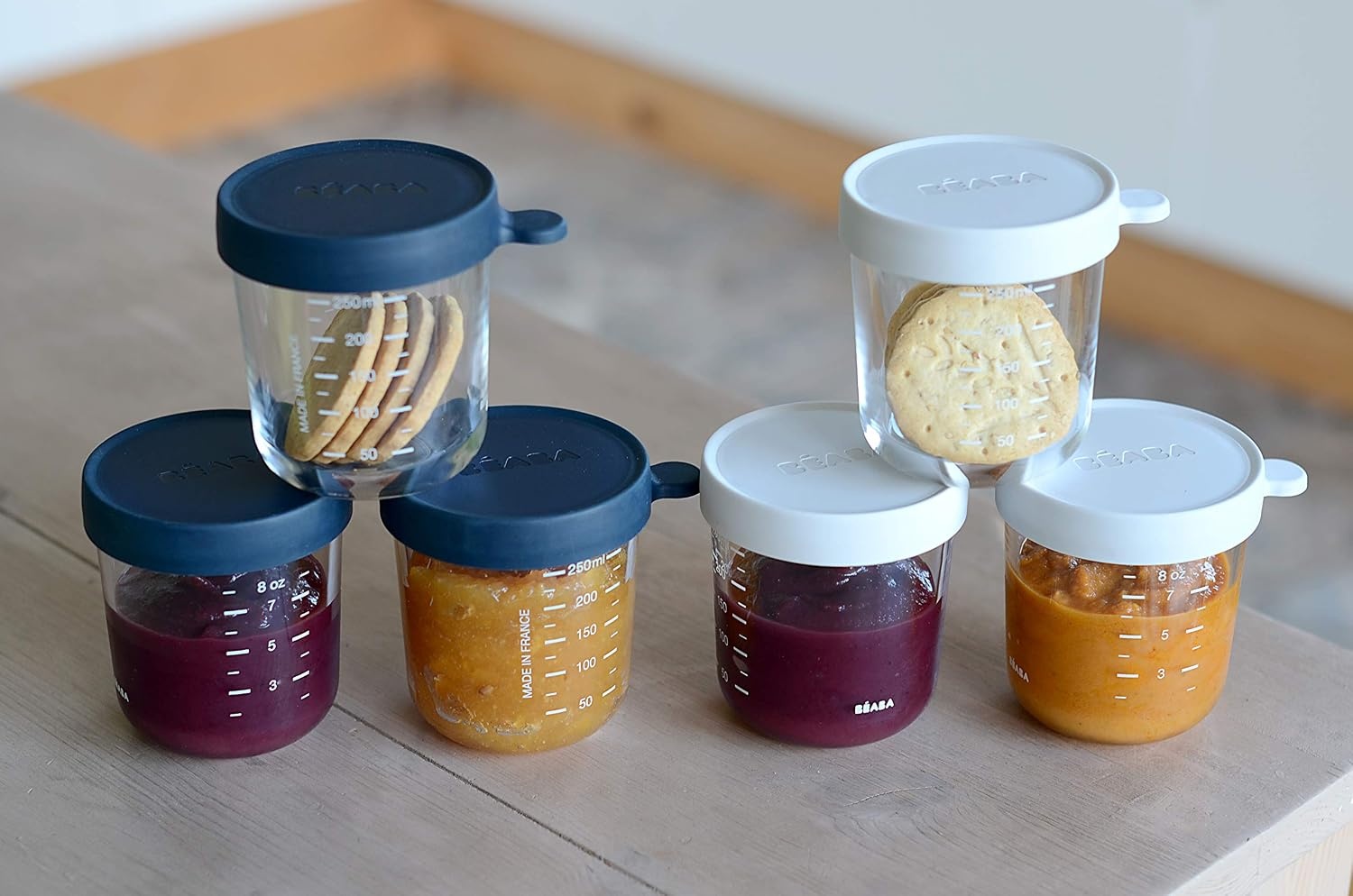 Béaba Glazen Bewaarbakjes 250 ml - Set van 6 - Blauw/Grijs