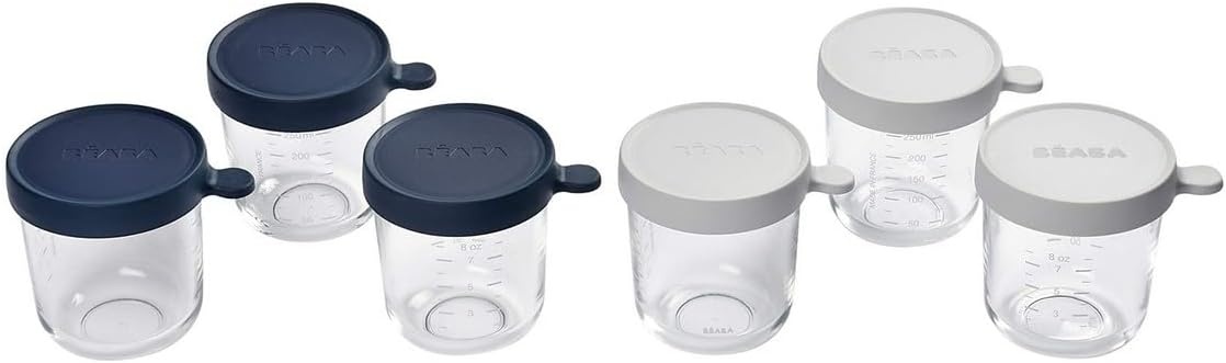 Béaba Glazen Bewaarbakjes 250 ml - Set van 6 - Blauw/Grijs