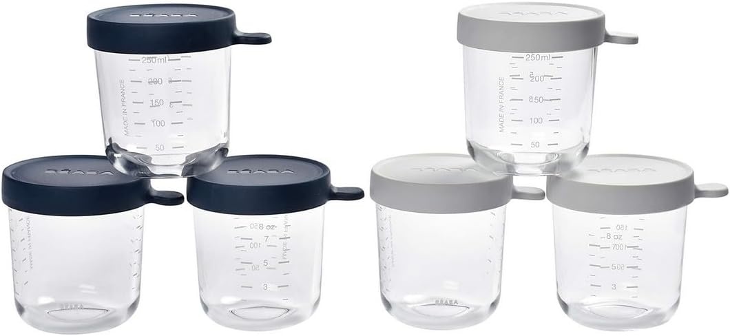 Béaba Glazen Bewaarbakjes 250 ml - Set van 6 - Blauw/Grijs