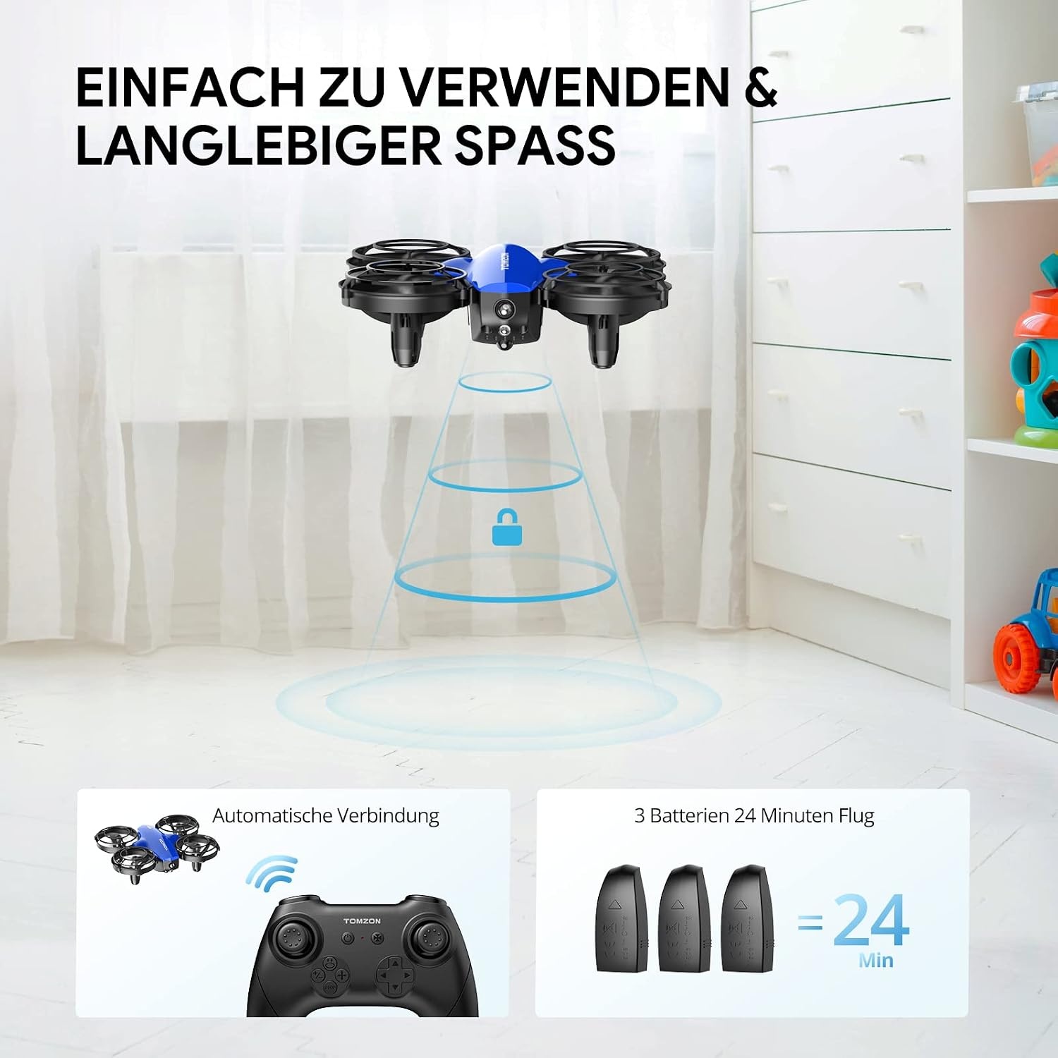 Tomzon A24 Mini Drohne voor Kinderen - Blauw - 9,2 x 8 x 3 cm - 24 minuten vliegtijd