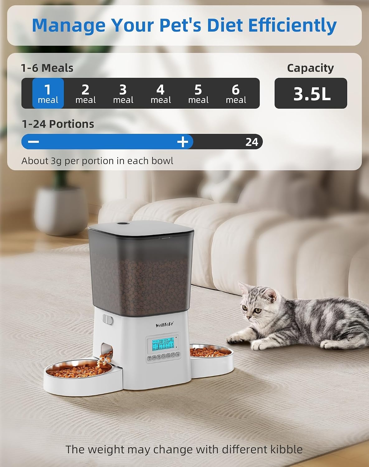 WellToBe Automatische Voerbak voor 2 Katten - 3,5 Liter - Wit