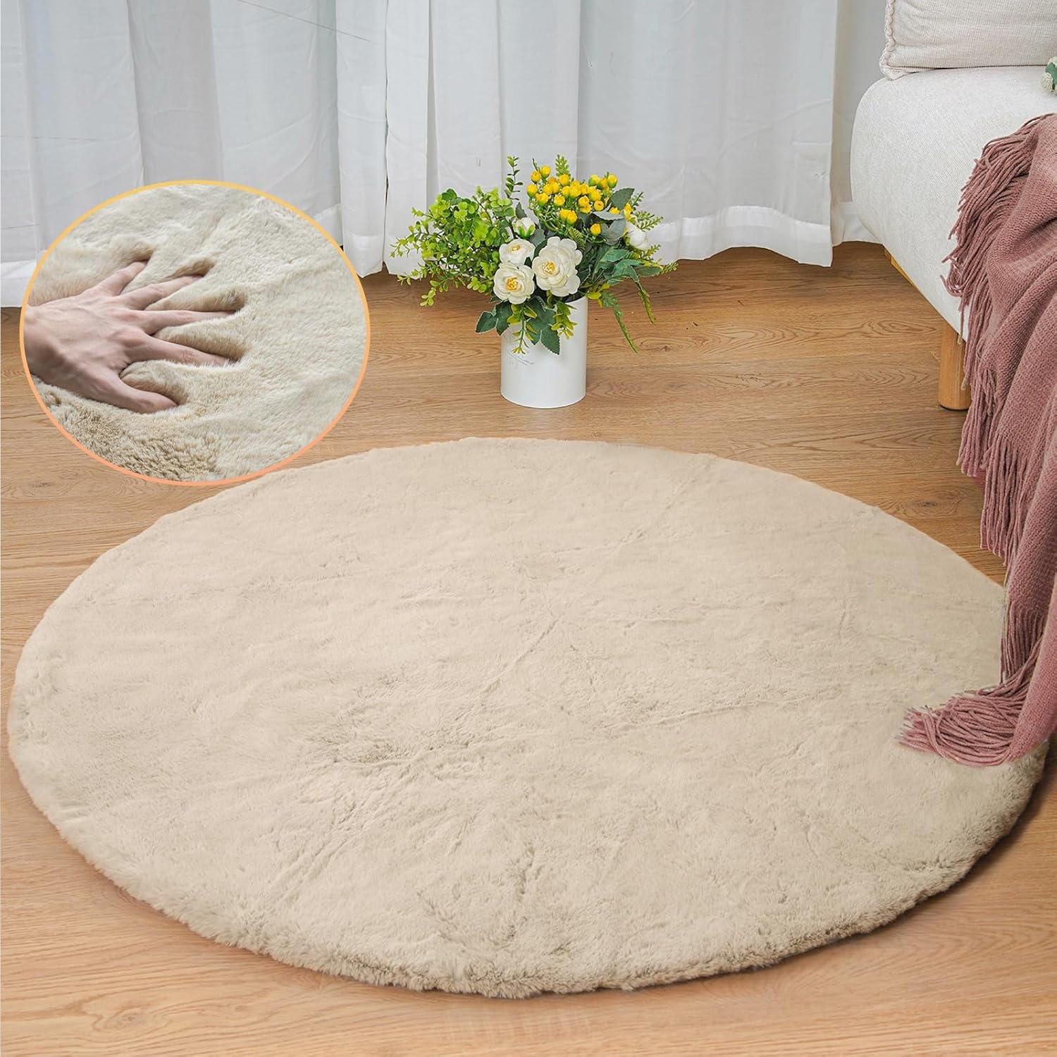 Zacht Rond Vloerkleed 120cm Beige Pluizig Imitatiebont - 60% Korting
