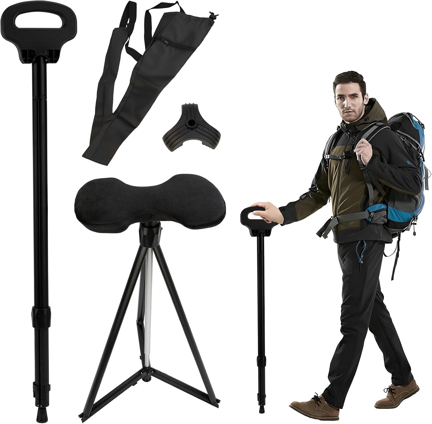 Wandelstok met uitklapbaar zitje – Opvouwbare kruk – Zwart – Hoogteverstelbaar 87-97,5 cm