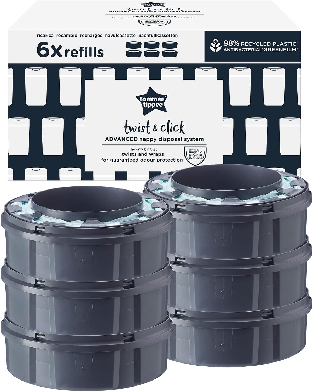 Tommee Tippee Twist and Click Advanced Luieremmer, navulcassettes, duurzaam geproduceerde antibacteriële GREENFILM, 6 stuks