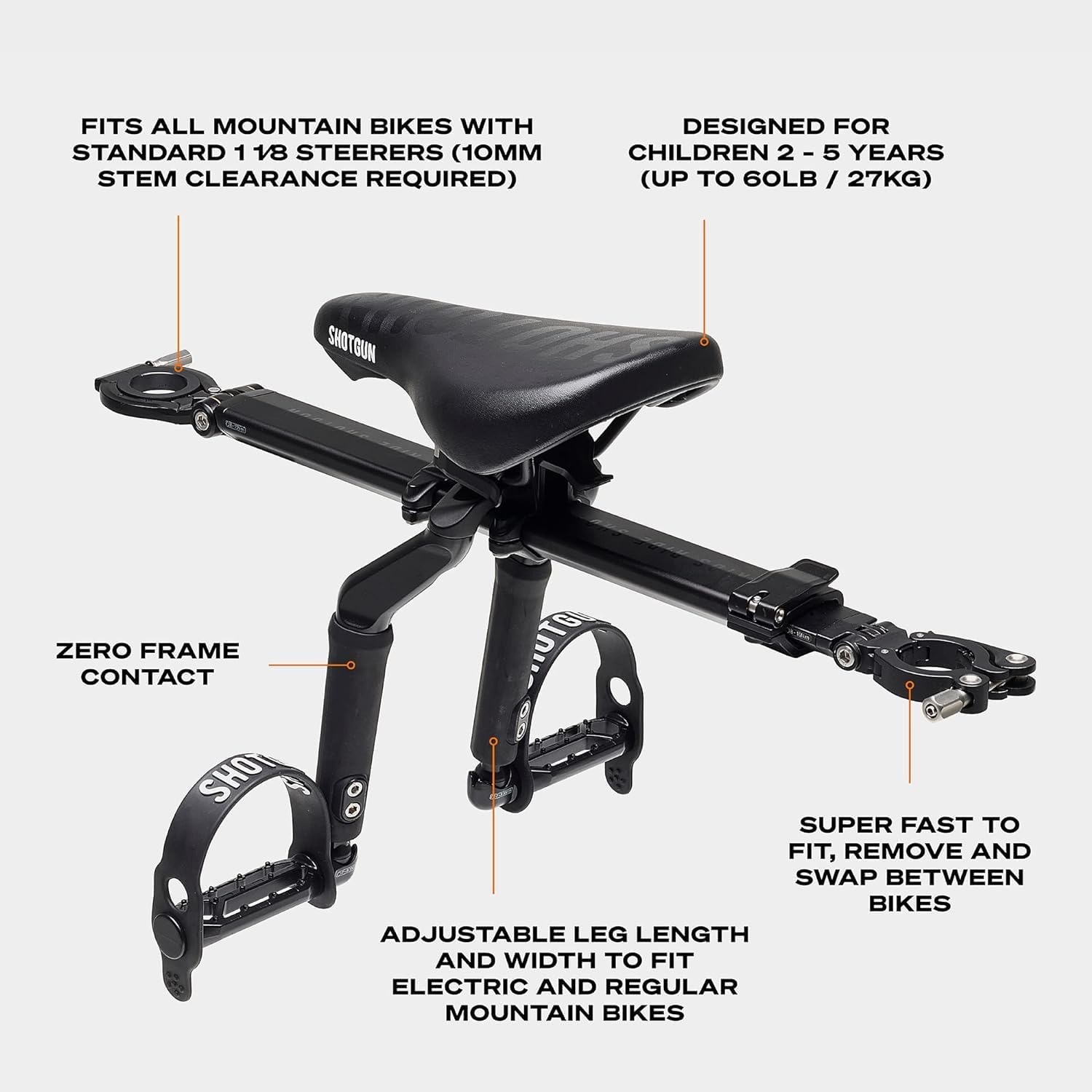 Kids Ride Shotgun Pro Zwart - Kindertransportzitje met Stuur voor Mountainbike en E-Bike
