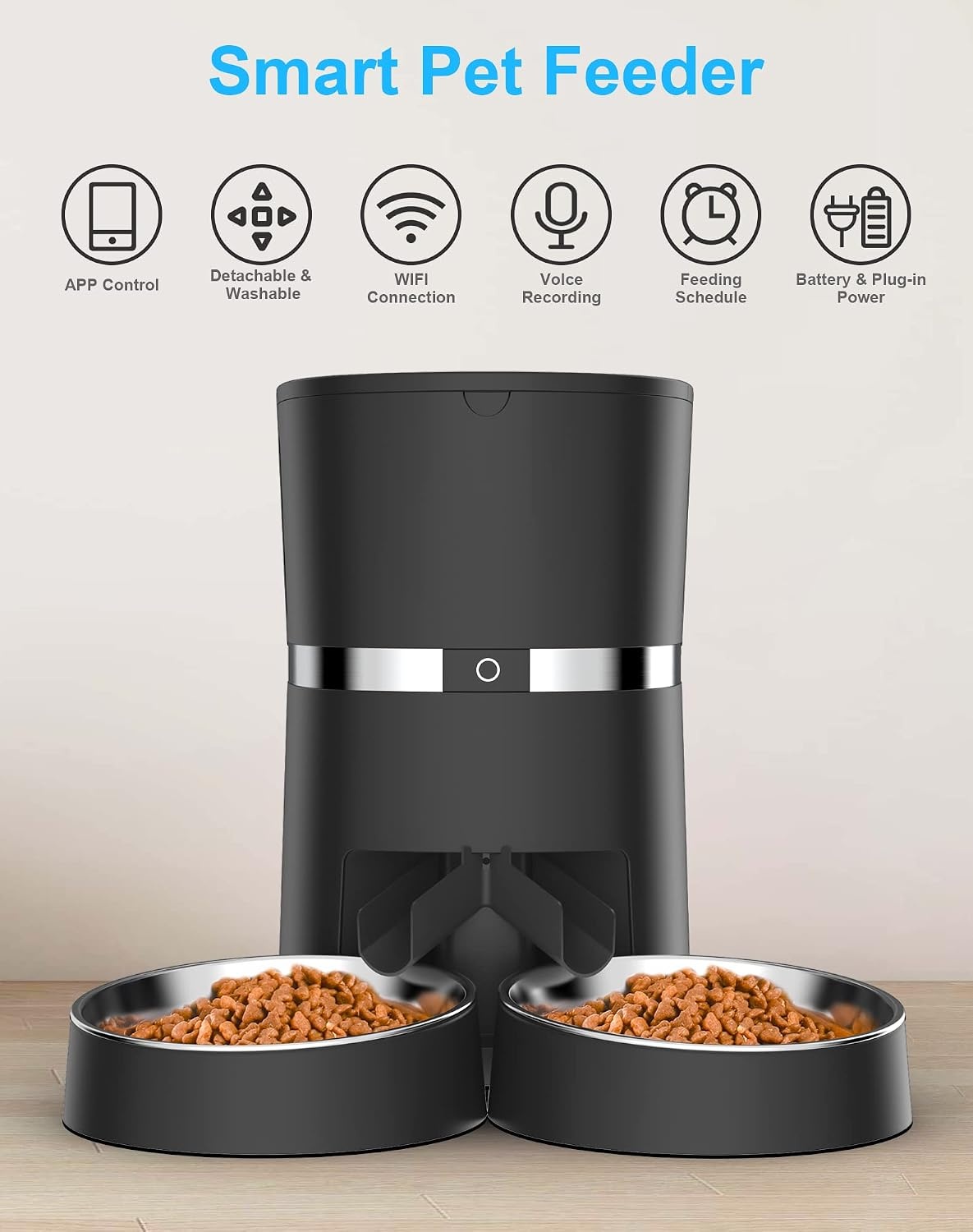WellToBe Automatische Voerbak voor Katten en Kleine Honden - 4 Liter - Smart WiFi - Wit