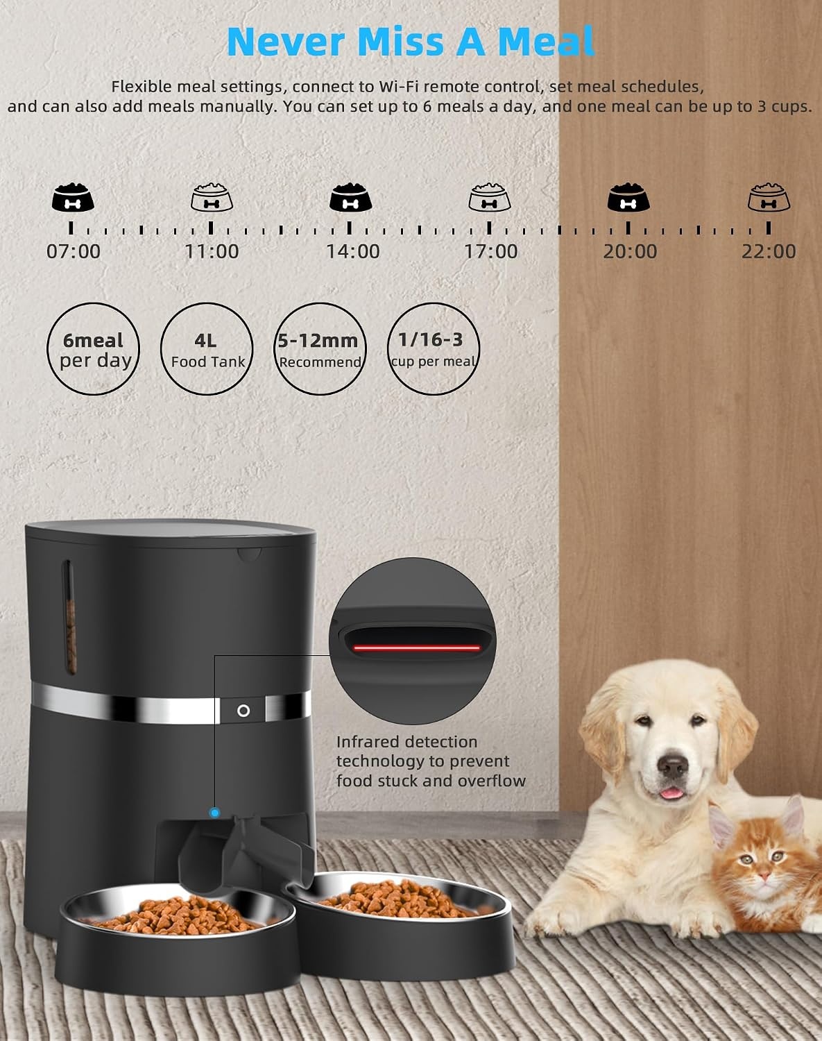 WellToBe Automatische Voerbak voor Katten en Kleine Honden - 4 Liter - Smart WiFi - Wit