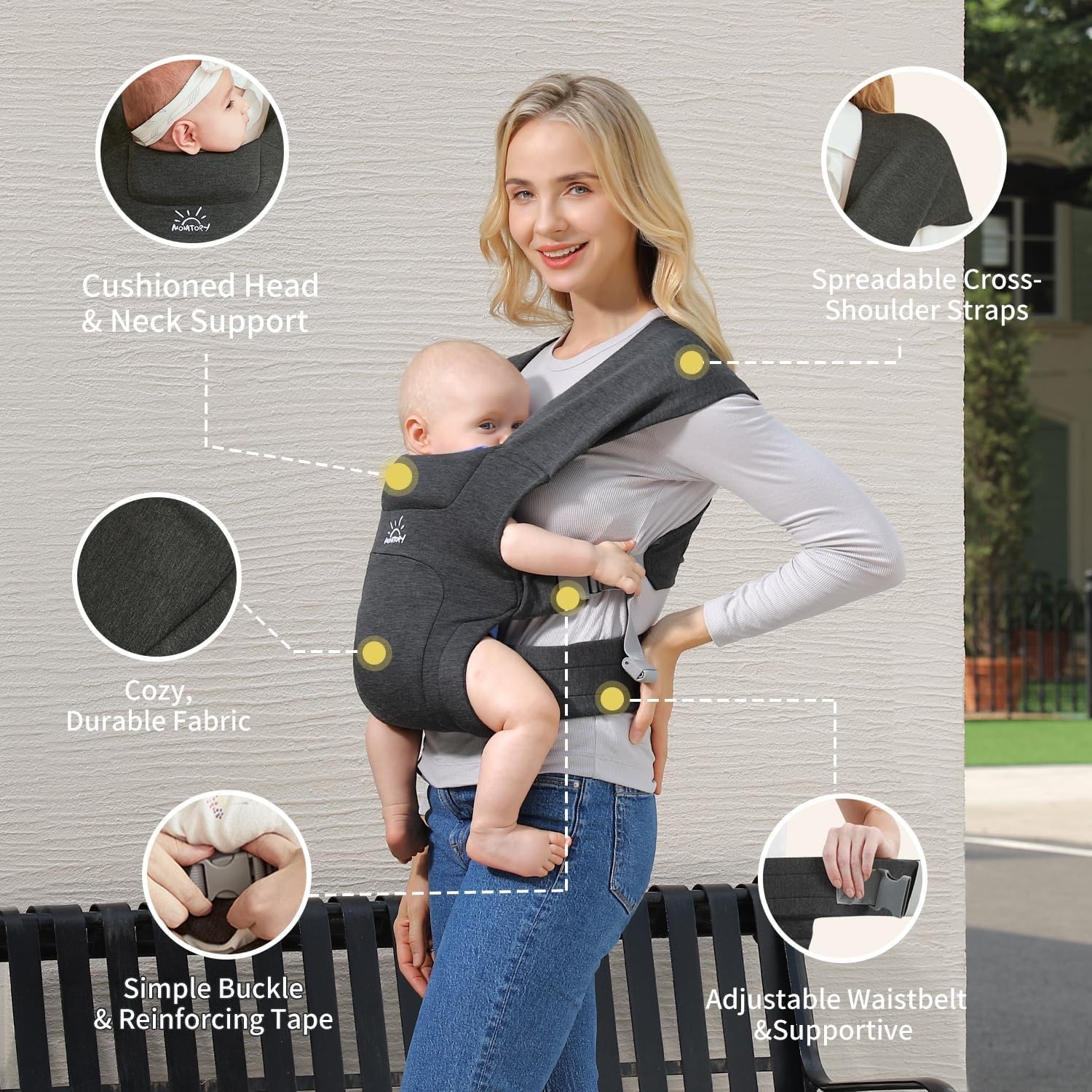 MOMTORY Ergonomische Babybuikdrager - Voor pasgeborenen tot peuters - Grijs - 3 tot 12 kg