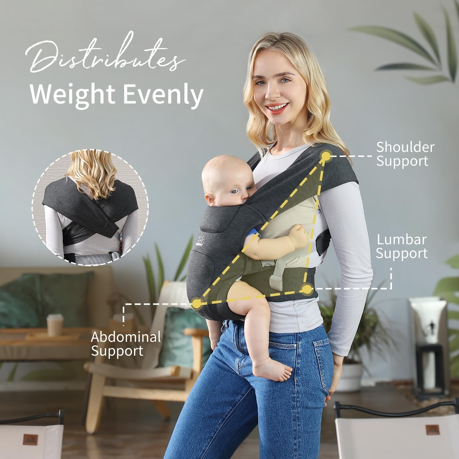 MOMTORY Ergonomische Babybuikdrager - Voor pasgeborenen tot peuters - Grijs - 3 tot 12 kg