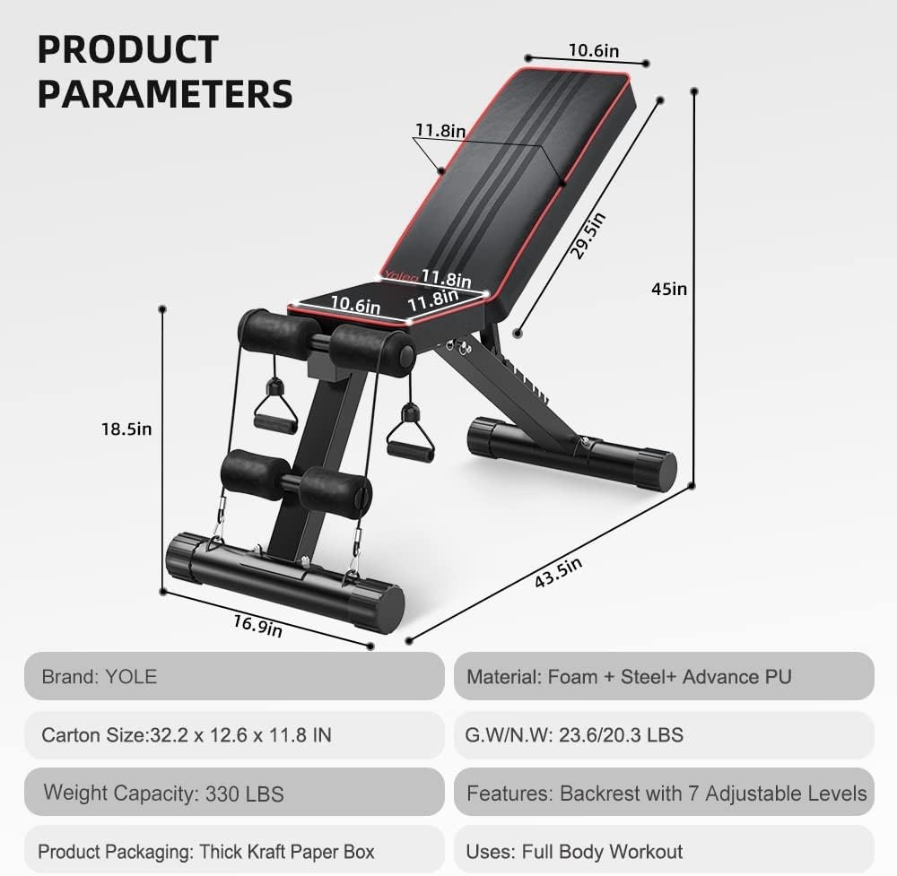 YOLEO Opvouwbare Verstelbare Fitnessbank - Zwart - 110 x 43 x 114 cm