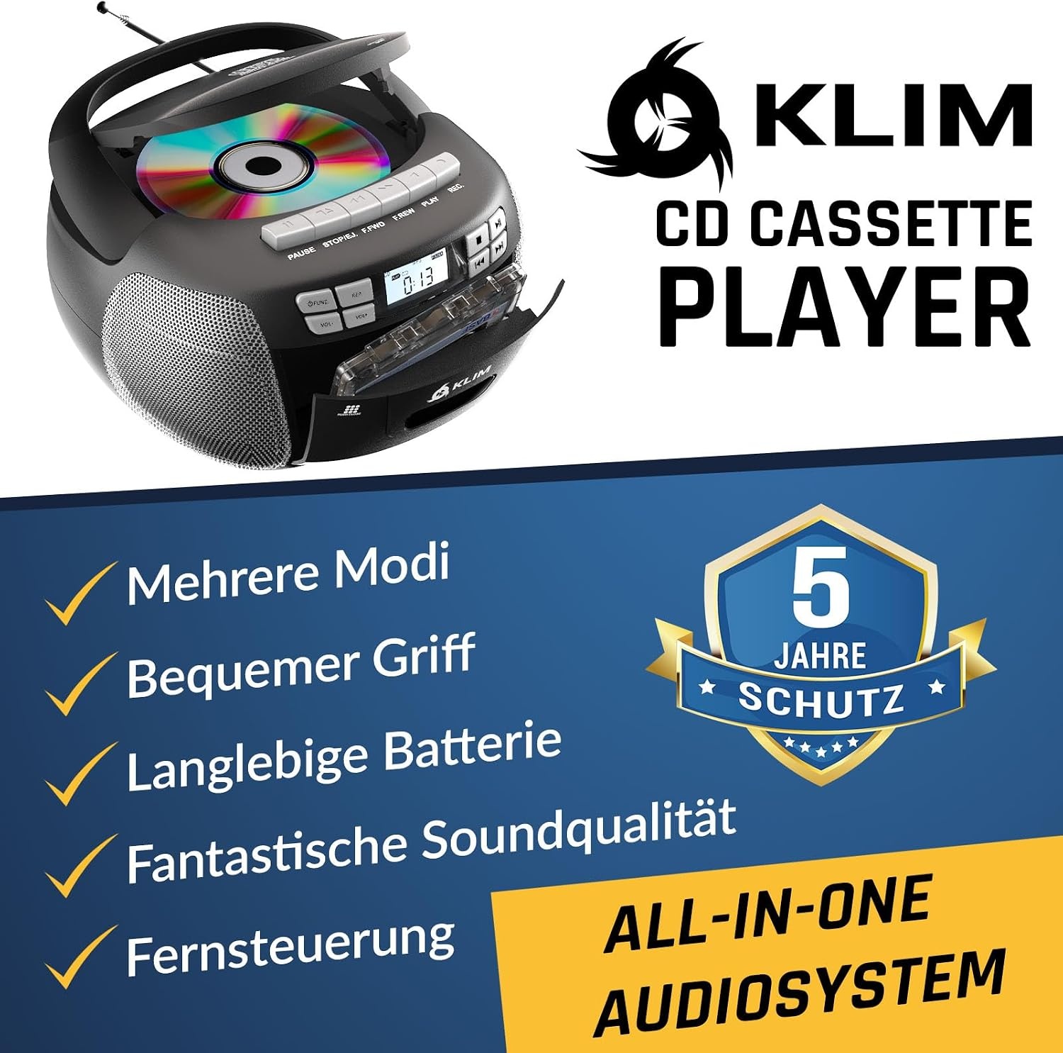 KLIM Boombox CD- en Cassettespeler met Bluetooth, Radio en USB - Zilver