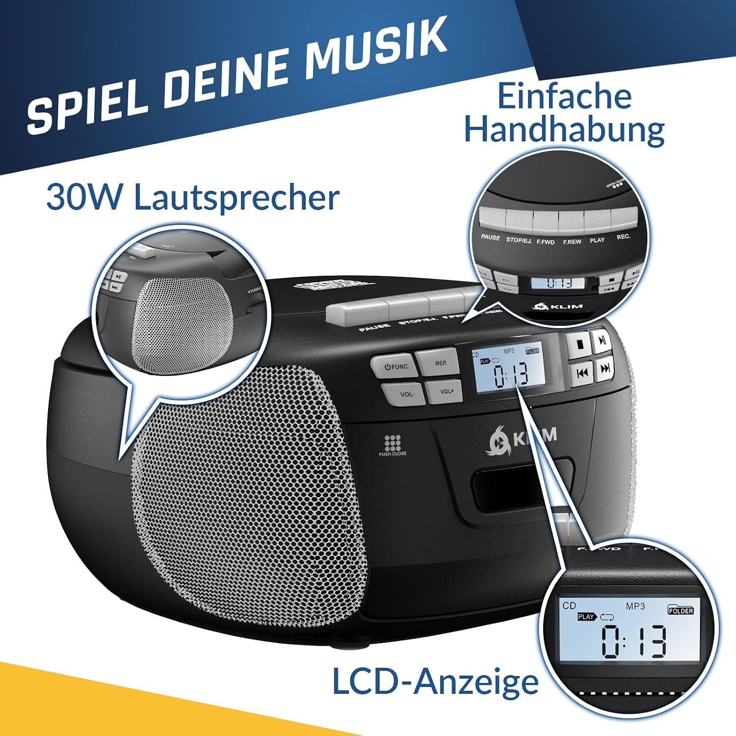 KLIM Boombox CD- en Cassettespeler met Bluetooth, Radio en USB - Zilver