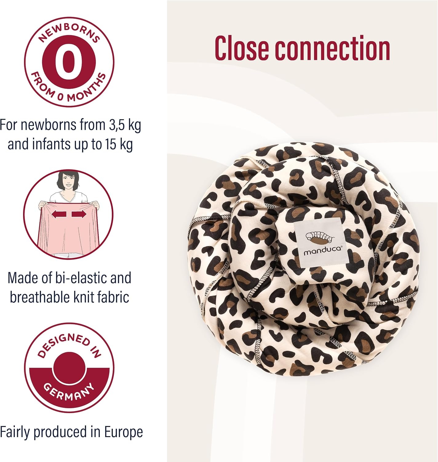 manduca Sling Babydraagdoek, elastische babydrager voor pasgeborenen vanaf de geboorte tot 15 kg, biologisch katoen, GOTS-gecertificeerd, AnimalPrint Leo