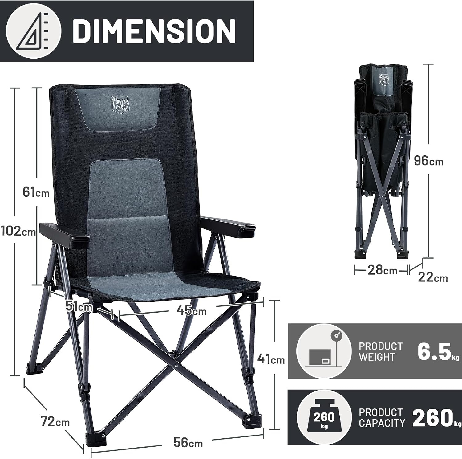 TIMBER RIDGE Opvouwbare campingstoelen voor volwassenen Oversized 260kg, Hoge rugleuning gewatteerde stoel met verstelbare 4-positie, Draagbare luxe caravanstoel ligstoel buiten picknick