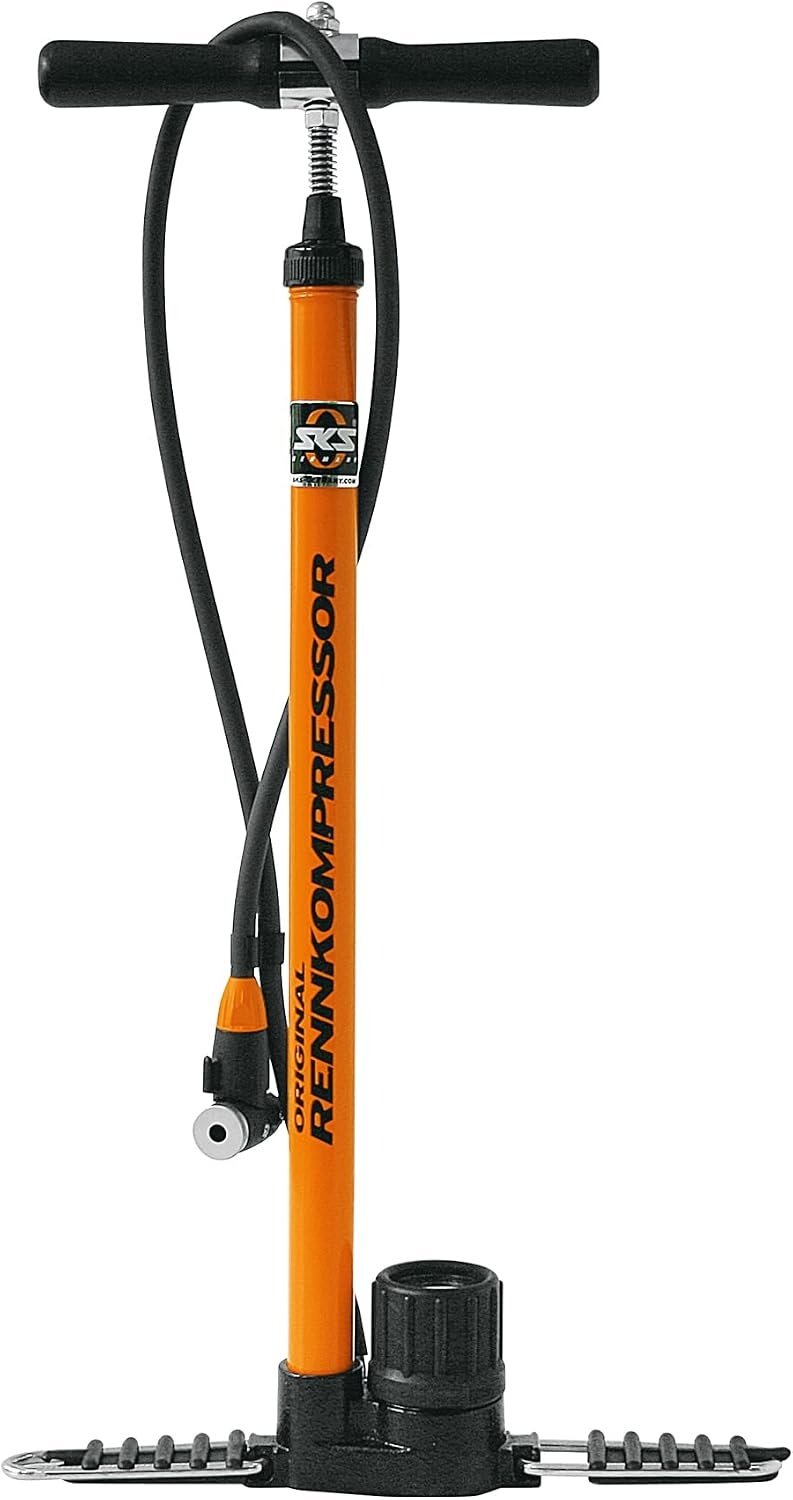 SKS GERMANY RENNCOMPRESSOR Stand pump, bicycle pump (air pump with metal tube and cast iron base, high-quality precision pressure gauge, hose connection of your choice, pressure max.: 16 bar, 230 psi), orange