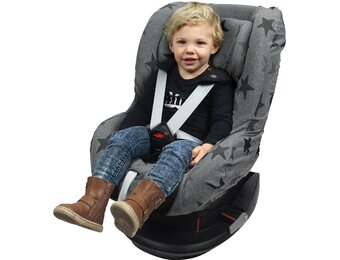 Dooky Seat Cover, Separate Headrest Cover Included, Universal Size, Fits Most Baby Car Seats with 5 Point Belts, 95 Percent Cotton and 5 Percent Lycra, Washable, Group 1+ yrs (9-18 kg), Grey Stars