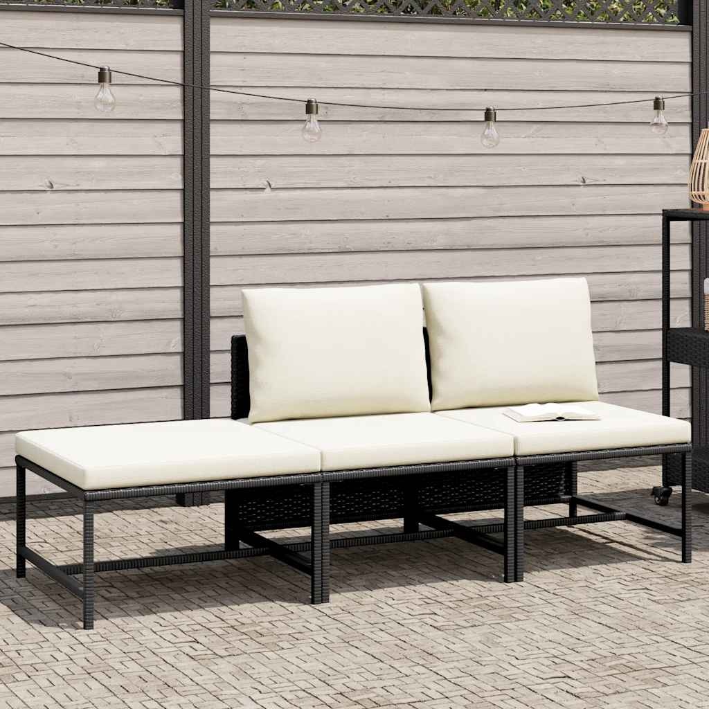 vidaXL 3-delige Loungeset met kussens poly rattan zwart