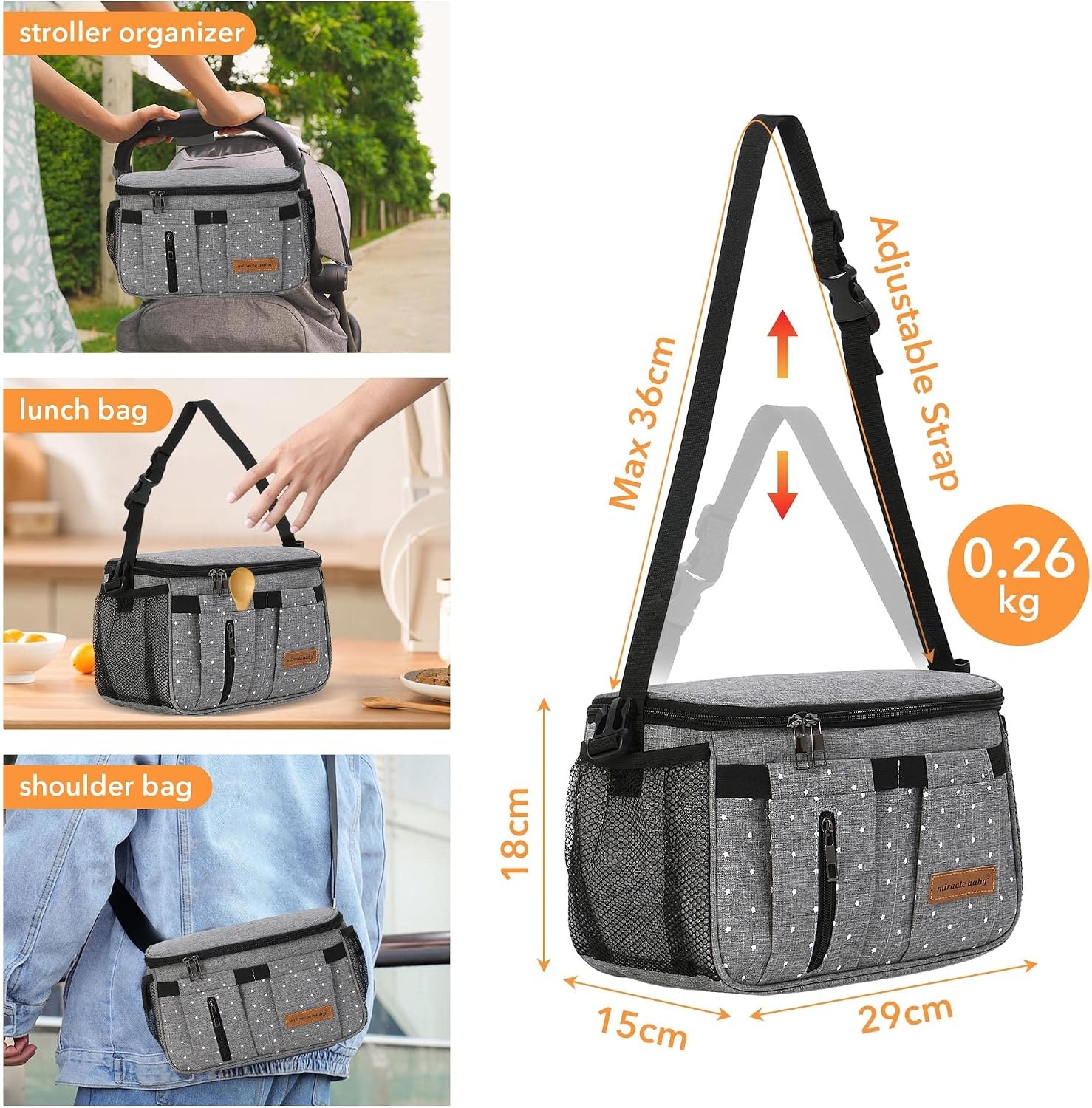 Miracle Baby Kinderwagen Organizer - 35 x 16 x 35 cm - Grijs met stippen