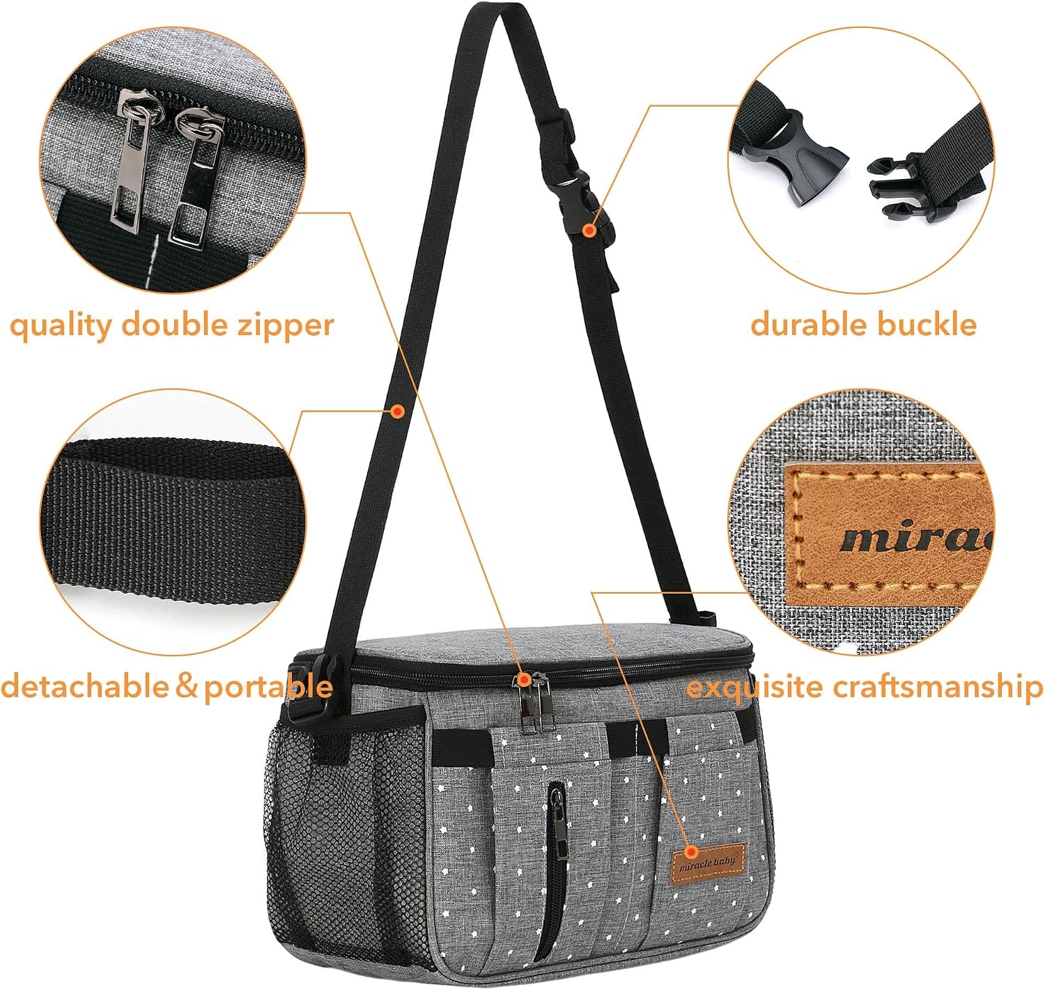 Miracle Baby Kinderwagen Organizer - 35 x 16 x 35 cm - Grijs met stippen