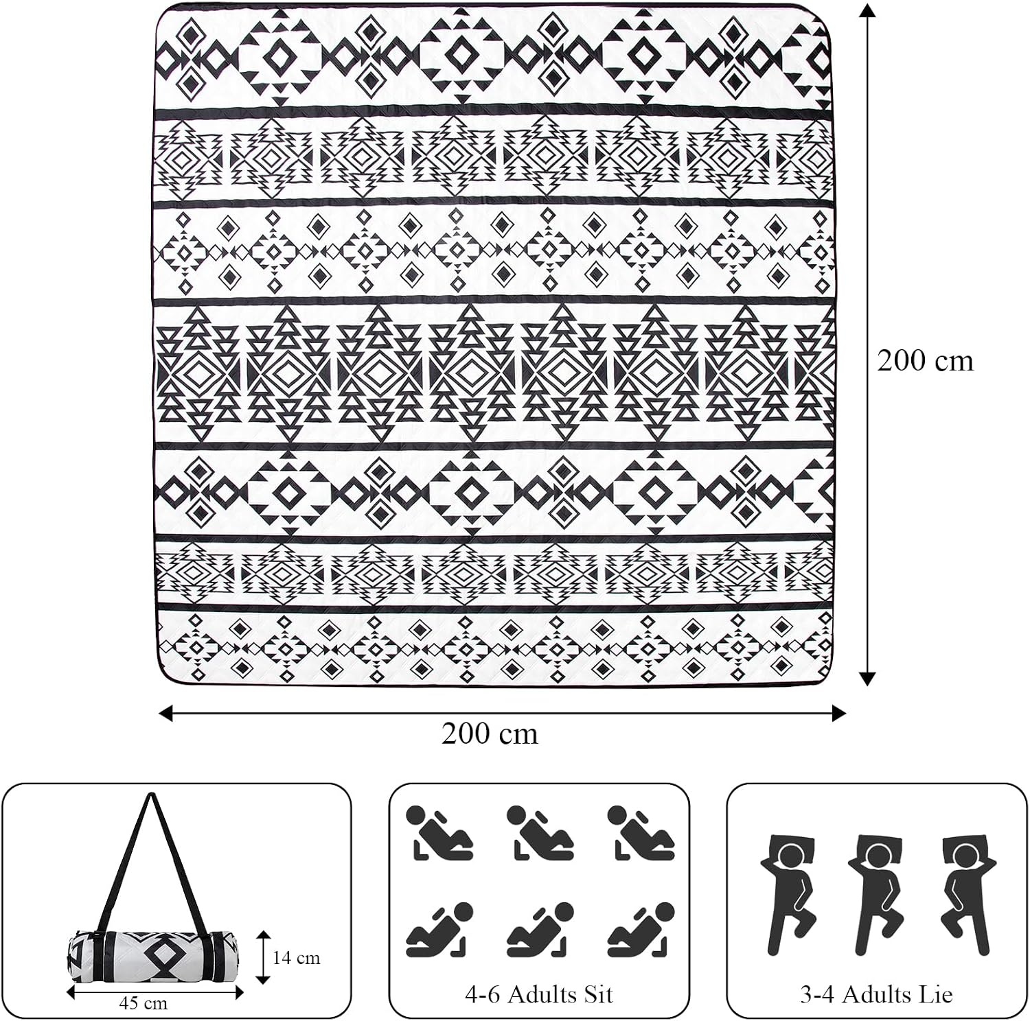 Grote Waterdichte Picknickdeken 200x200cm - Zwart Wit