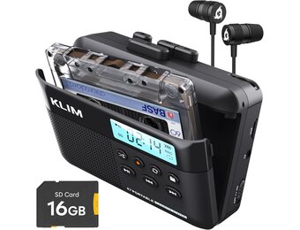 KLIM K7 Cassettespeler met F1-koptelefoon - Audiocassettespeler - Audio-naar-MP3-converter - Ingebouwde microfoon en luidspreker - Oplaadbare batterij - Koptelefoon - 16 GB SD-kaart - Zwart