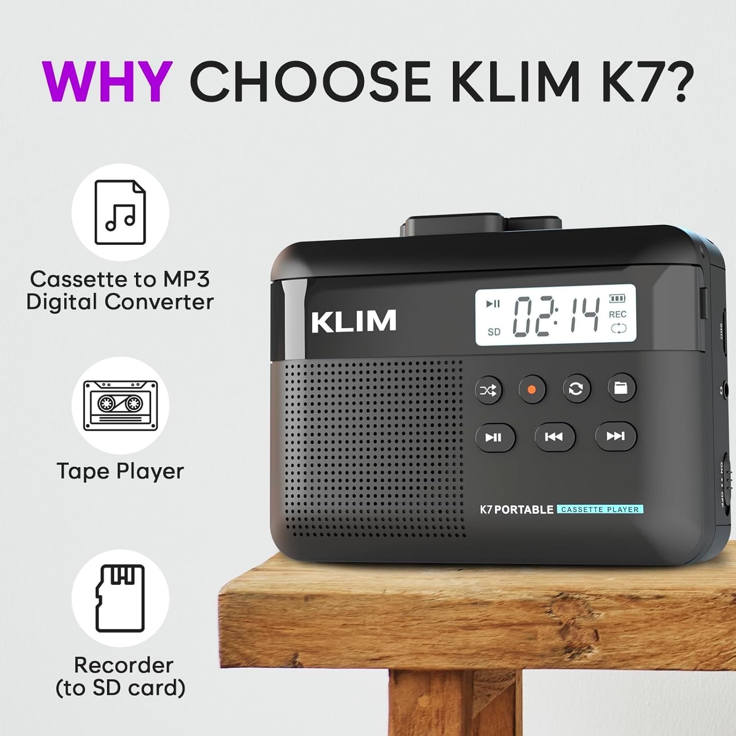 KLIM K7 Cassettespeler met F1-koptelefoon - Audiocassettespeler - Audio-naar-MP3-converter - Ingebouwde microfoon en luidspreker - Oplaadbare batterij - Koptelefoon - 16 GB SD-kaart - Zwart