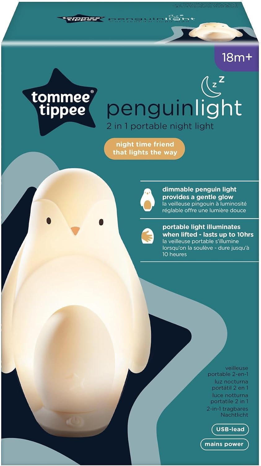Tommee Tippee 2-in-1 Portable Penguin Nursery Night light with Portable Egg Light, Adjustable Brightness, USB-Powered