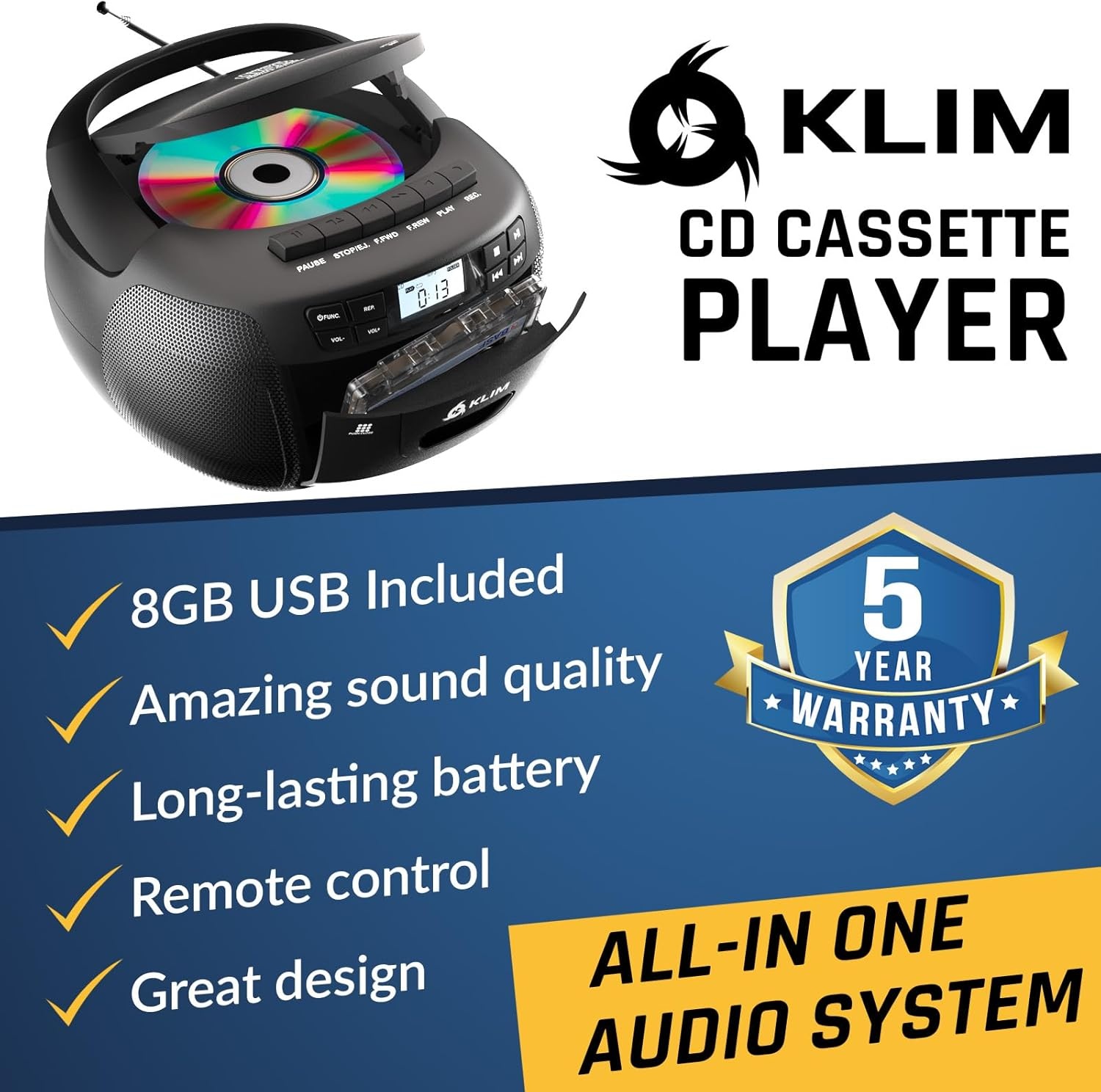 KLIM CD-speler met USB, cassettespeler, audio, AM/FM-radio, Bluetooth, stereo cd-speler, afstandsbediening, bandopname, AUX, stereo-radio voor thuis, AC/DC-voeding