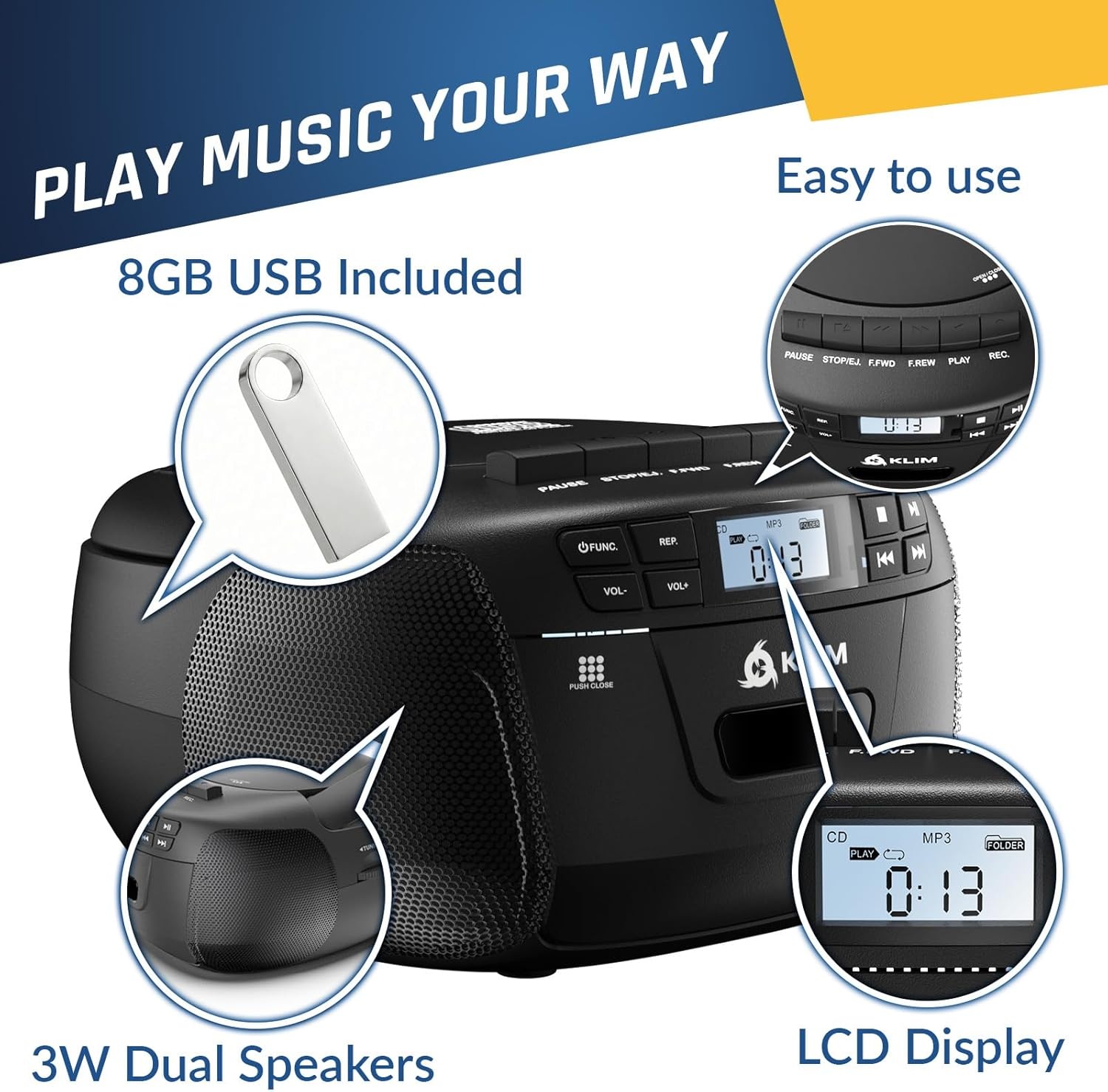 KLIM CD-speler met USB, cassettespeler, audio, AM/FM-radio, Bluetooth, stereo cd-speler, afstandsbediening, bandopname, AUX, stereo-radio voor thuis, AC/DC-voeding