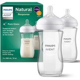 PHILIPS Avent Glazen Natural Response-babyfles - 2 Babymelkflessen van 240ml, BPA-vrij voor pasgeboren baby's van 1 maand en ouder (Model SCY933/02)