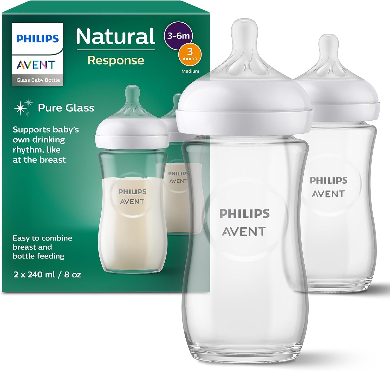 PHILIPS Avent Glazen Natural Response-babyfles - 2 Babymelkflessen van 240ml, BPA-vrij voor pasgeboren baby's van 1 maand en ouder (Model SCY933/02)