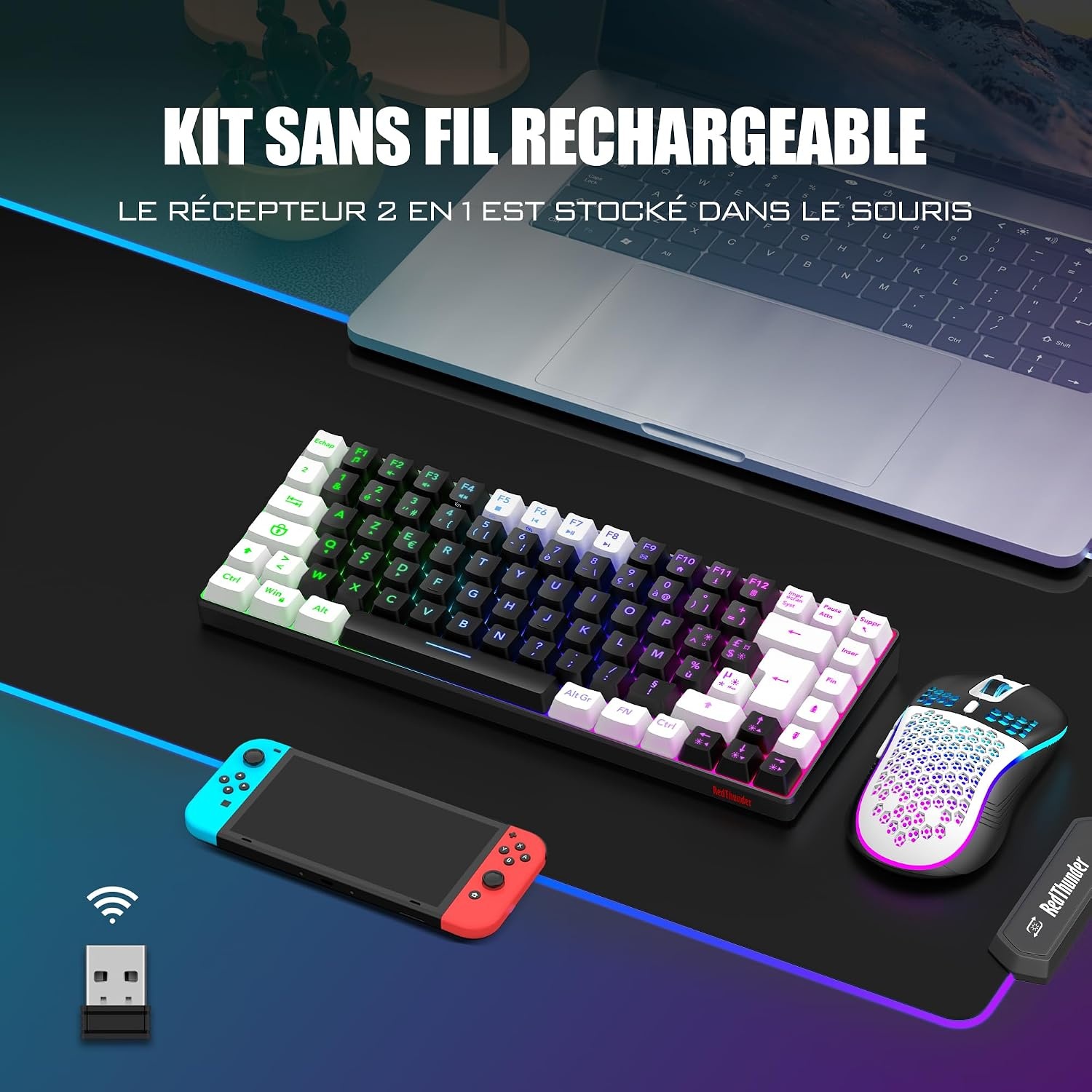 Draadloos AZERTY Gaming Toetsenbord & Muis Combo Zwart/Wit RGB - 58% Korting