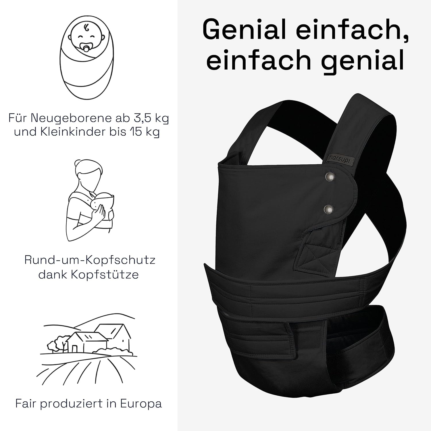 Draagzak Pasgeboren tot 15kg - Zwart XL - 60% Korting