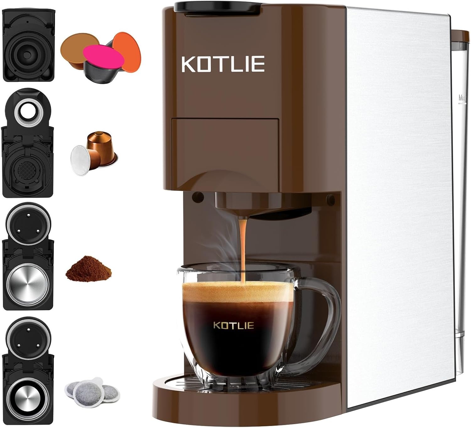KOTLIE 4-in-1 Espresso Koffiezetapparaat - 19 Bar Bruin - 35% Korting