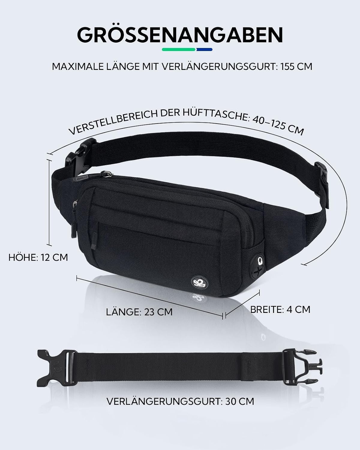 Heuptas Buiktas Heren Dames, klein, zwart nylon, met verlengingsriem en meerdere ritsvakken voor reizen, wandelen, hondentraining & outdoor