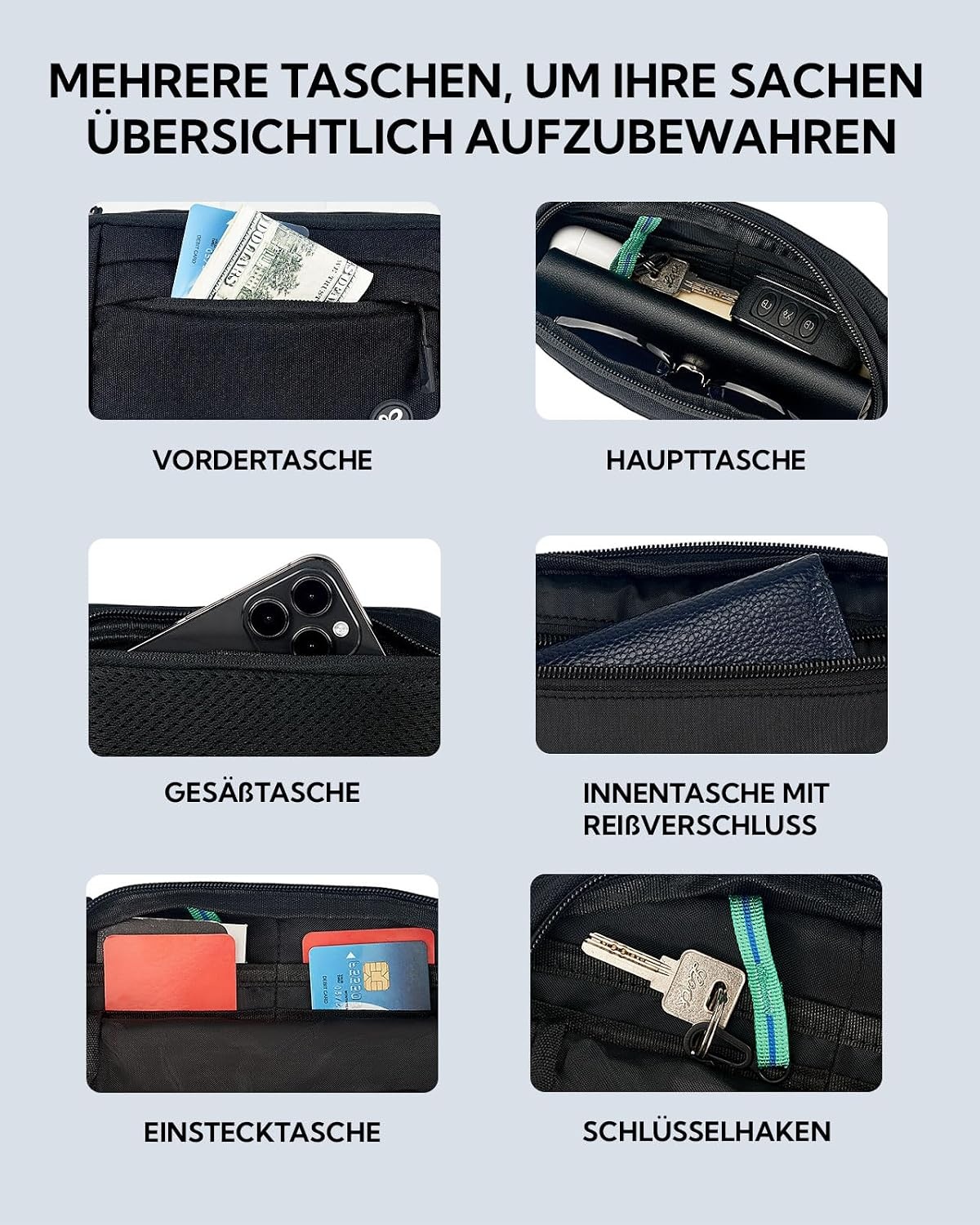Heuptas Buiktas Heren Dames, klein, zwart nylon, met verlengingsriem en meerdere ritsvakken voor reizen, wandelen, hondentraining & outdoor