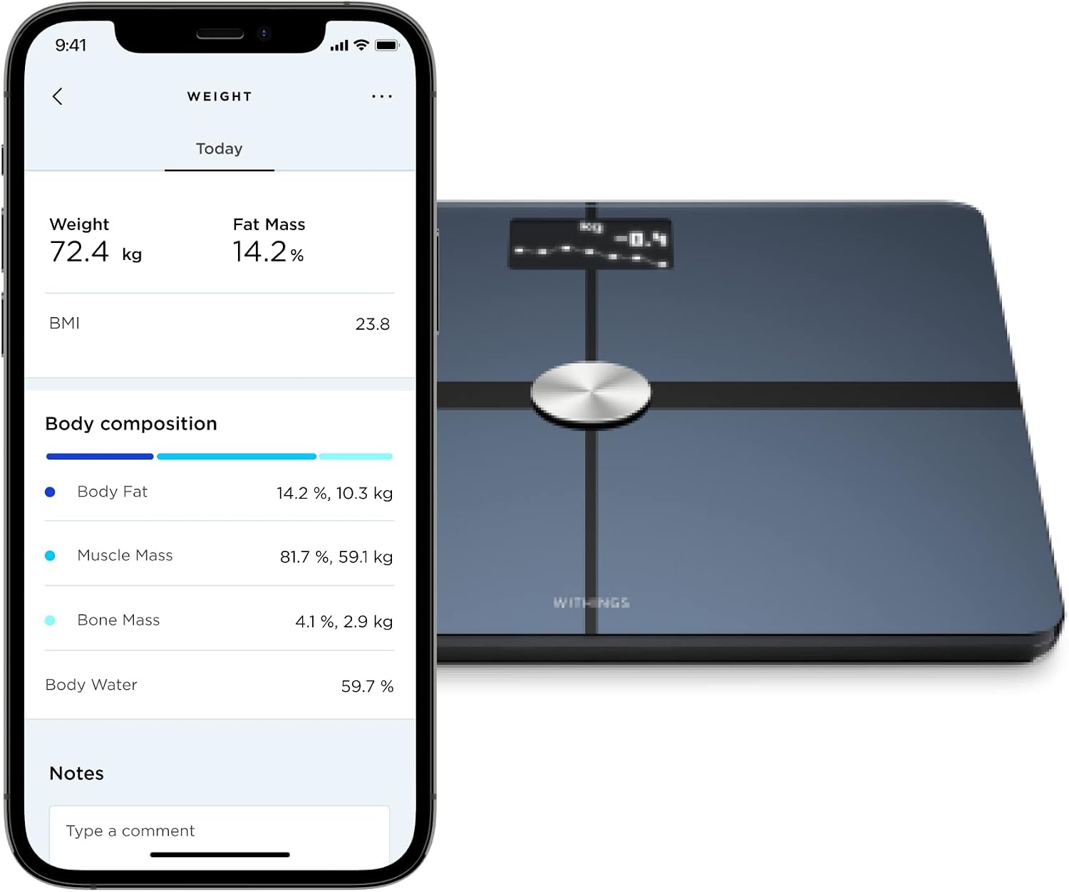 Withings Body+ - Lichaamsanalyse slimme weegschaal met wifi, lichaamsvetmonitor, BMI, spiermassa, vochtpercentage, digitaal gewicht badkamerweegschaal, app-synchronisatie via Bluetooth of wifi