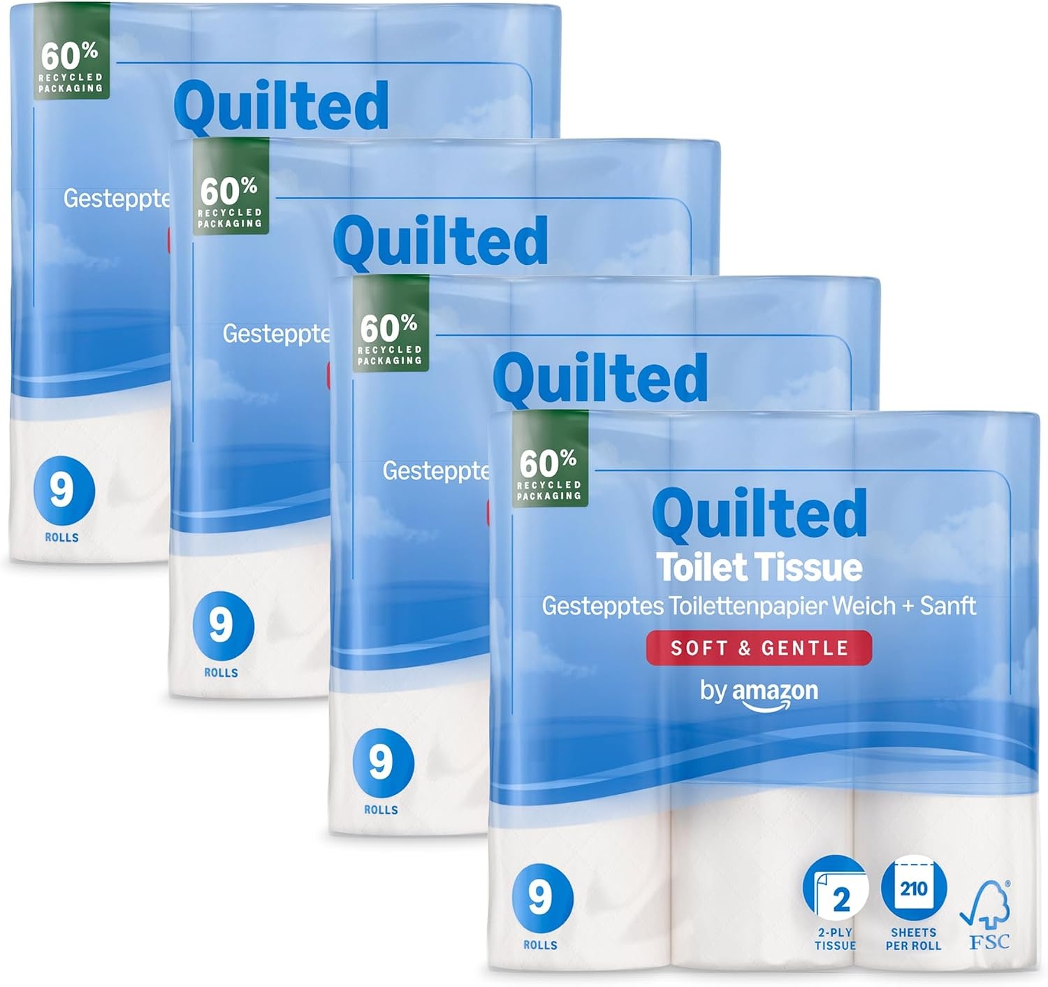 by Amazon Papier Toilette Doux, 2 Épaisseurs, 36 rouleaux (4 paquets de 9), 210 feuilles par rouleau, certifié FSC