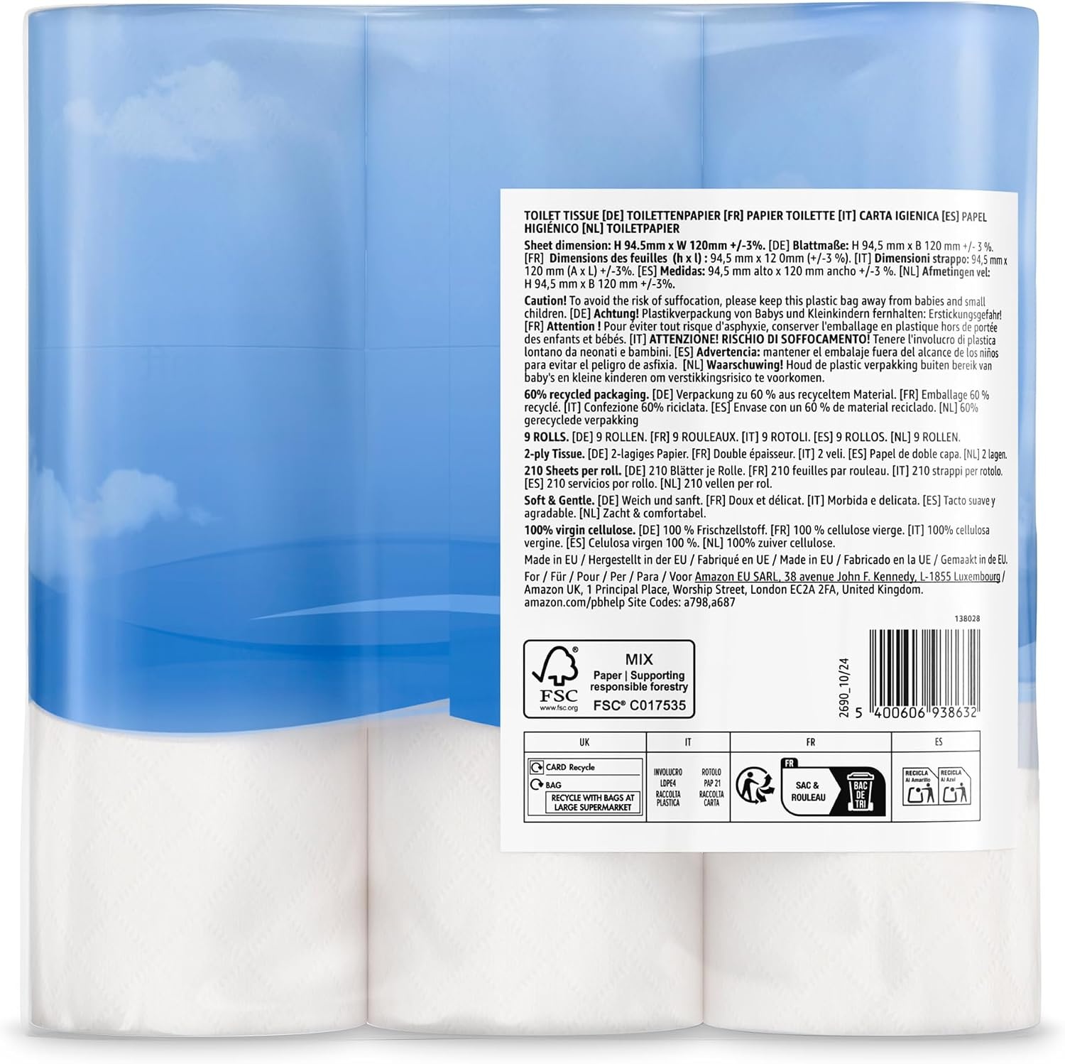 by Amazon Papier Toilette Doux, 2 Épaisseurs, 36 rouleaux (4 paquets de 9), 210 feuilles par rouleau, certifié FSC