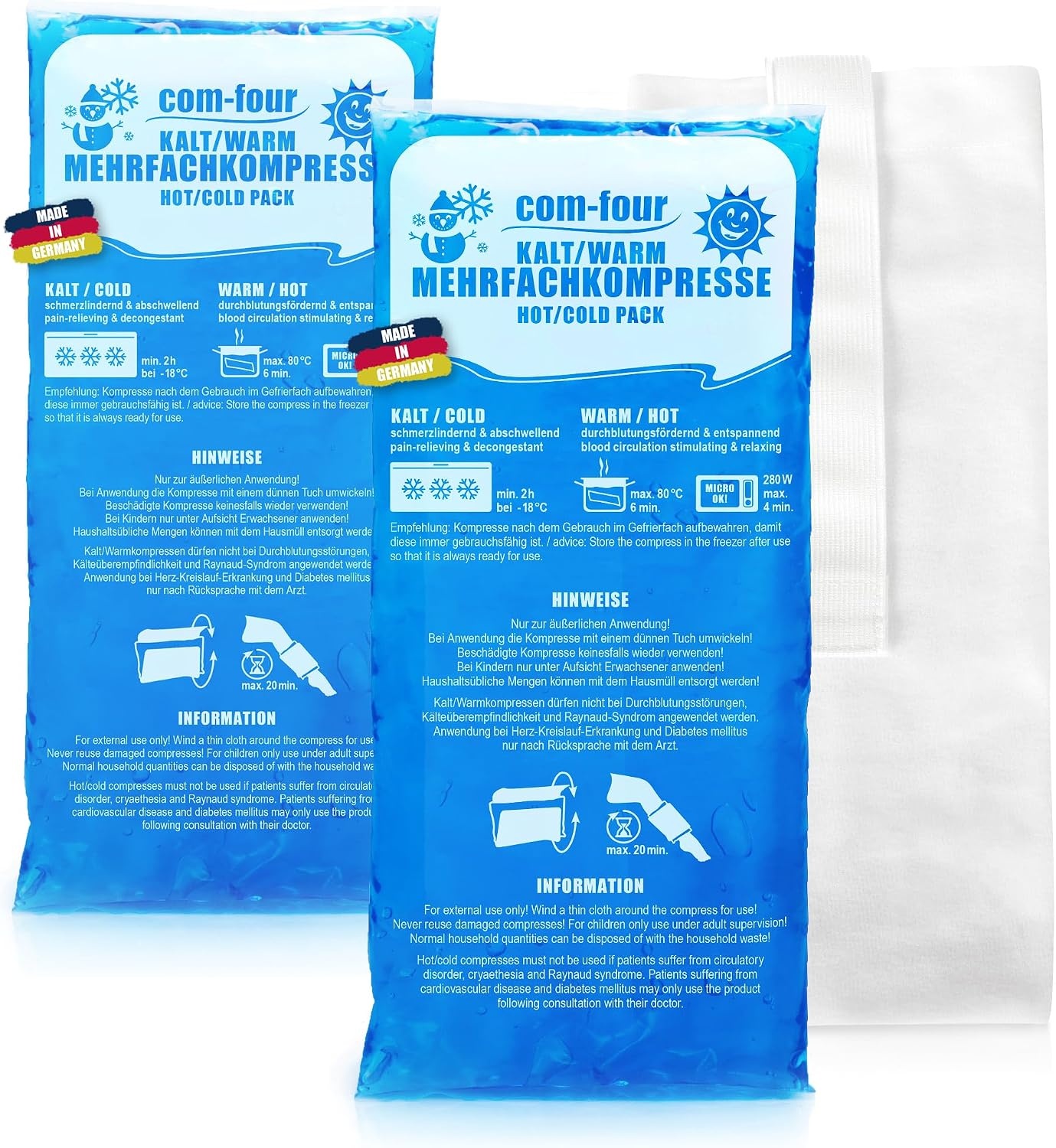com-four® 2x grote meervoudige kompressen met premium herbruikbare fleece-hoes, koude en warme kompressen met gel-coolpack, beschermhoes met elastische band, 29 x 12 cm - Made in Germany