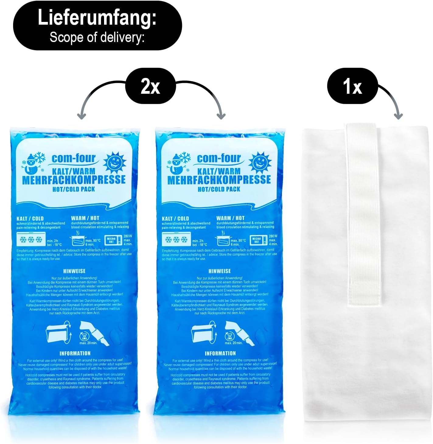com-four® 2x grote meervoudige kompressen met premium herbruikbare fleece-hoes, koude en warme kompressen met gel-coolpack, beschermhoes met elastische band, 29 x 12 cm - Made in Germany