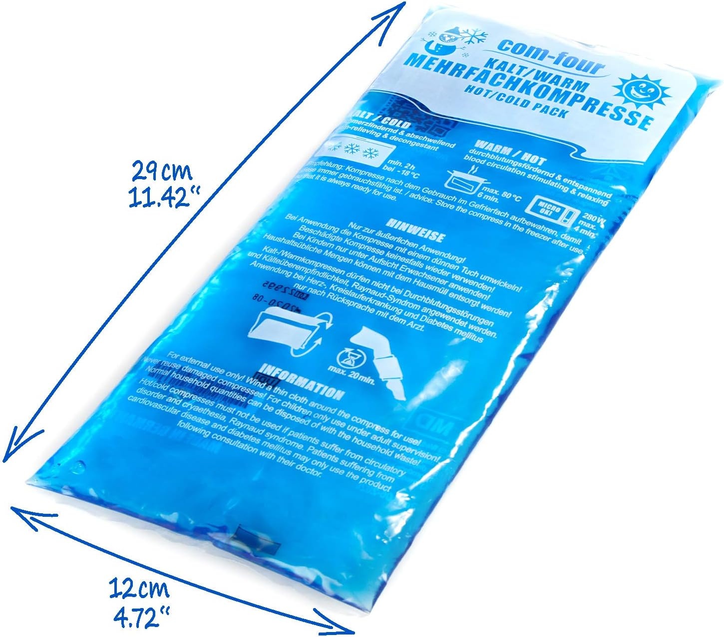 com-four® 2x grote meervoudige kompressen met premium herbruikbare fleece-hoes, koude en warme kompressen met gel-coolpack, beschermhoes met elastische band, 29 x 12 cm - Made in Germany