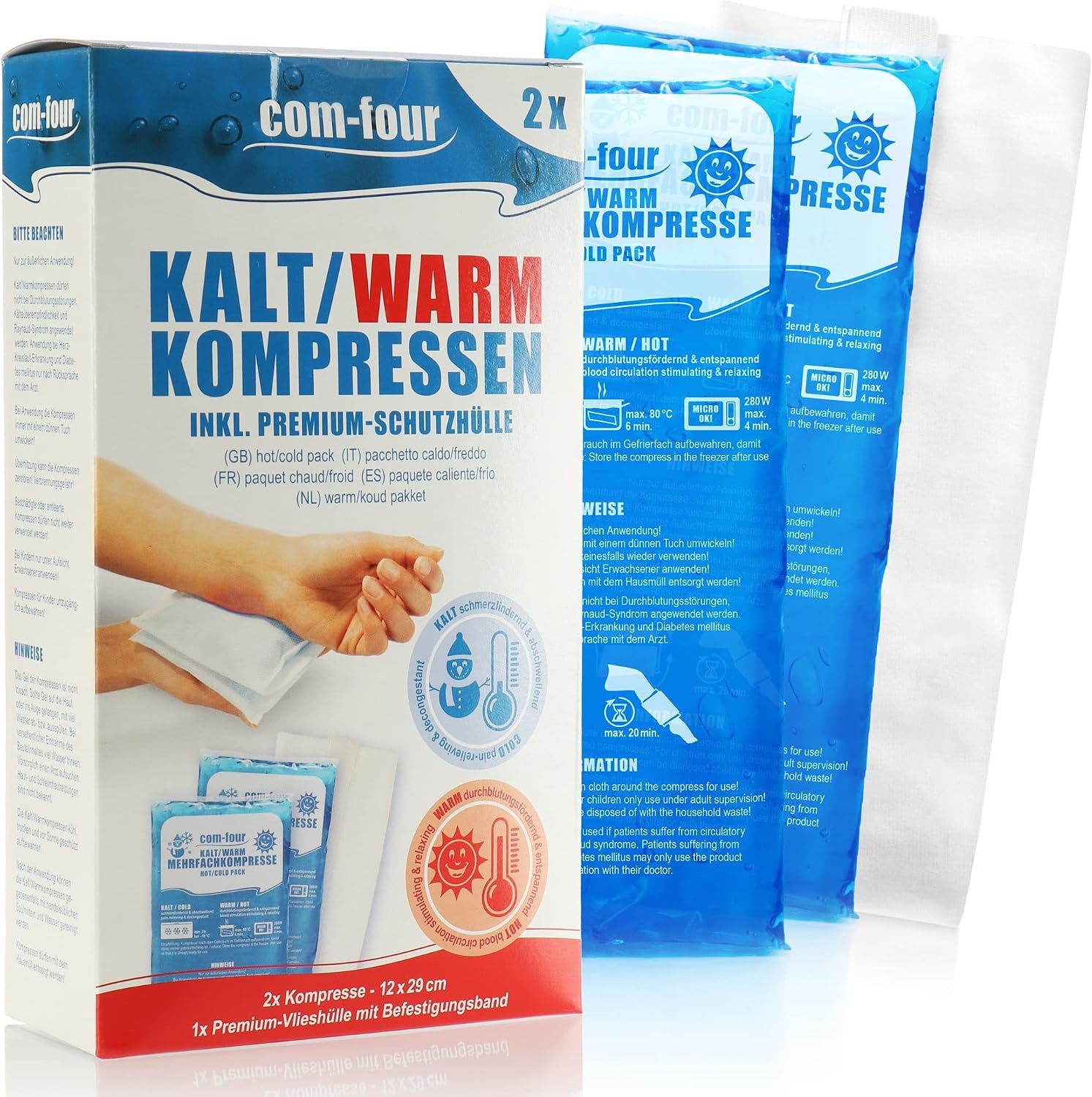 com-four® 2x grote meervoudige kompressen met premium herbruikbare fleece-hoes, koude en warme kompressen met gel-coolpack, beschermhoes met elastische band, 29 x 12 cm - Made in Germany