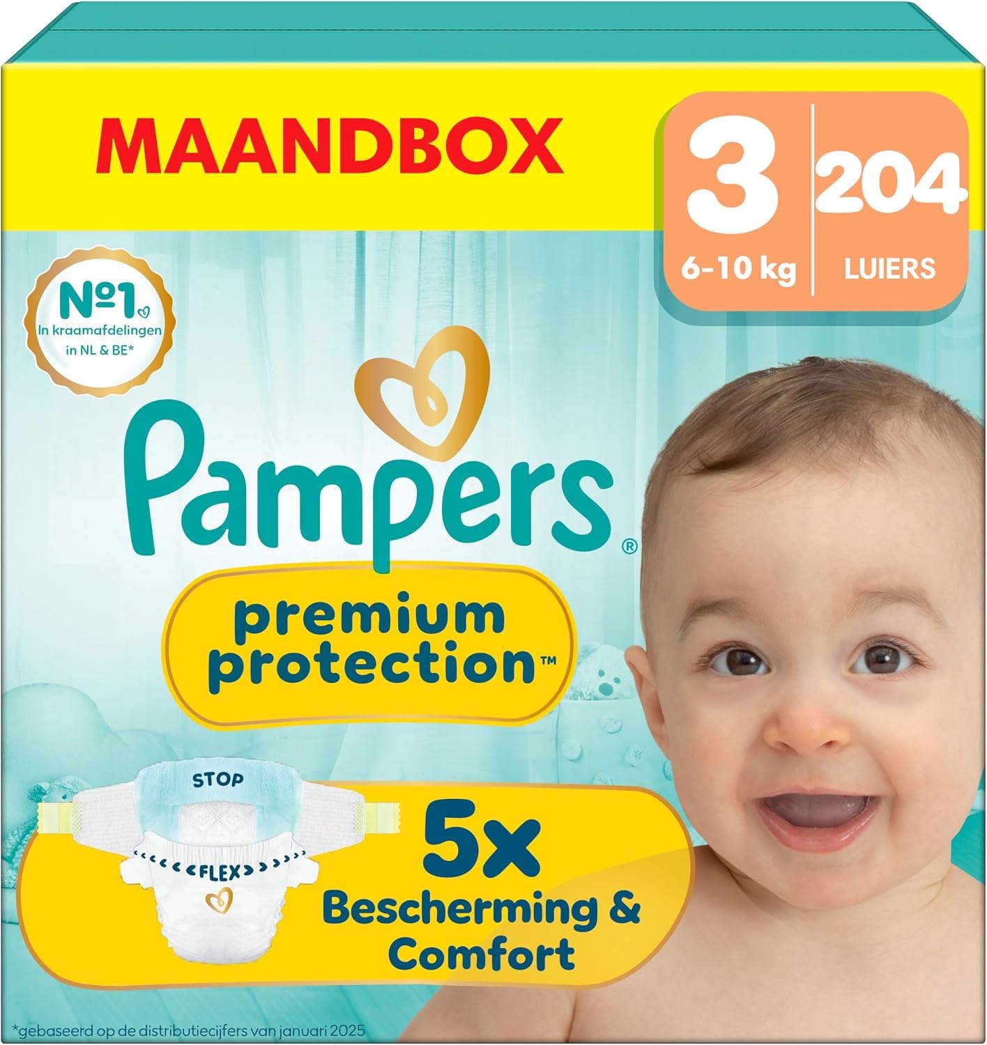 Pampers Premium Protection Size 3, 204 Diapers, 6kg-10kg, Our No.1 In Skin Protection And From Leaks, Monthly Box - Maat Maat 3 (204 Stuk)